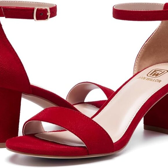 Fran Willor Shoes - Red Velvet Heels Women Open Toe Low Chunky Short Heels Block Sandals Size 8